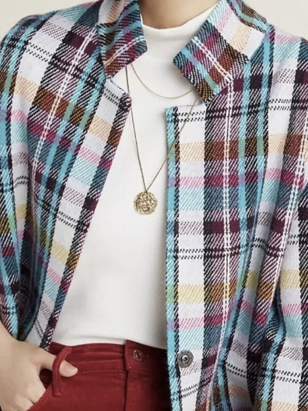 Anthropologie Plaid Cropped Cardigan Jacket in Teal & Magenta - Sz Small - NWT